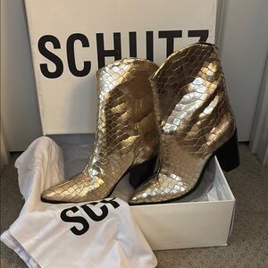 Schutz Gold Snake Print Women's Boots